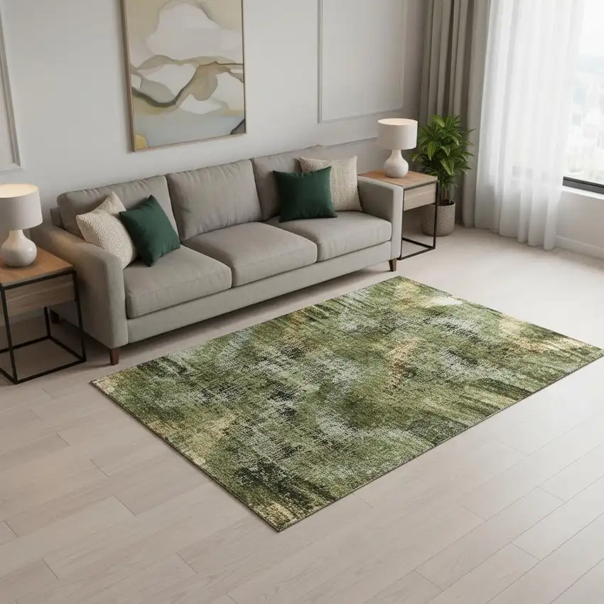 Olive Green Gold And Charcoal Abstract Washable Area Rug With UV Protection Photo 2