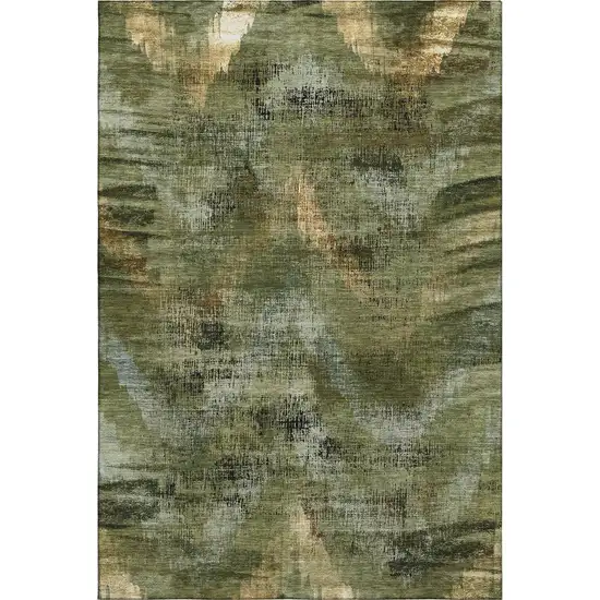 Olive Green Gold And Charcoal Abstract Washable Area Rug With UV Protection Photo 1