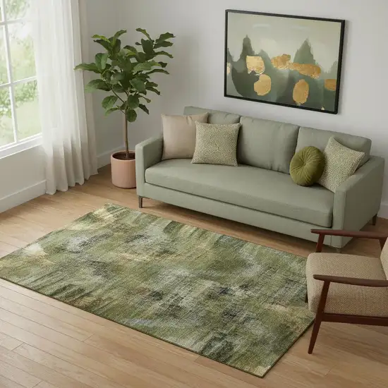 Olive Green Gold And Charcoal Abstract Washable Area Rug With UV Protection Photo 1