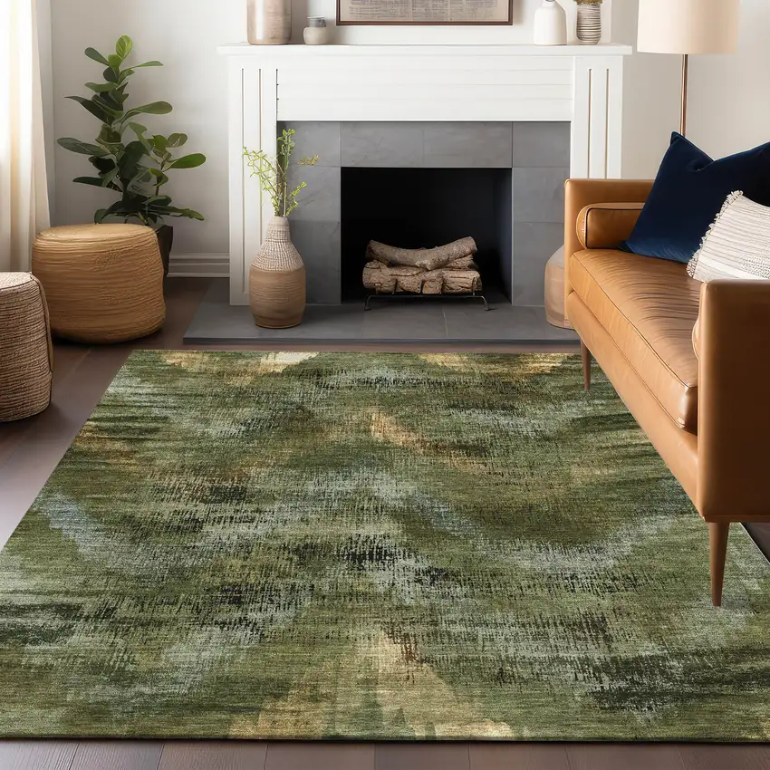 Olive Green Gold And Charcoal Abstract Washable Area Rug With UV Protection Photo 6