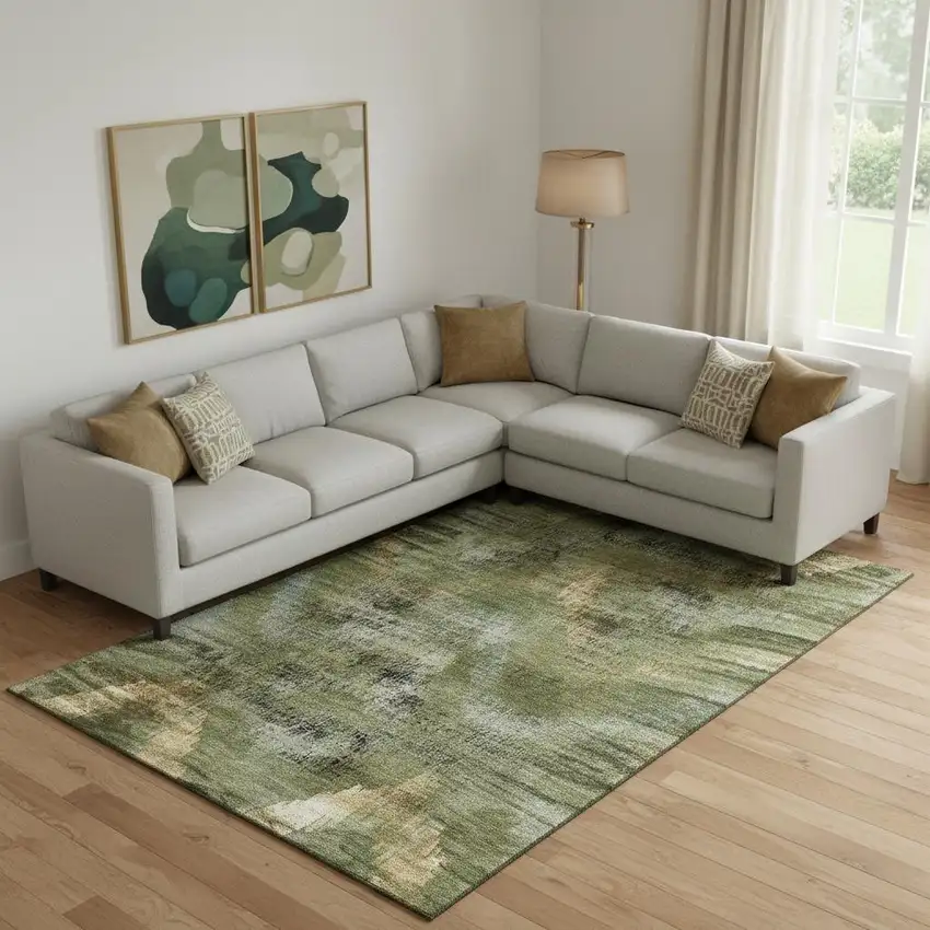 Olive Green Gold And Charcoal Abstract Washable Area Rug With UV Protection Photo 1