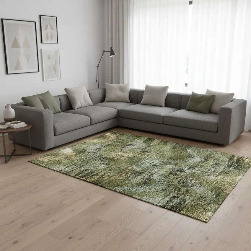 Olive Green Gold And Charcoal Abstract Washable Area Rug With UV Protection Photo 2