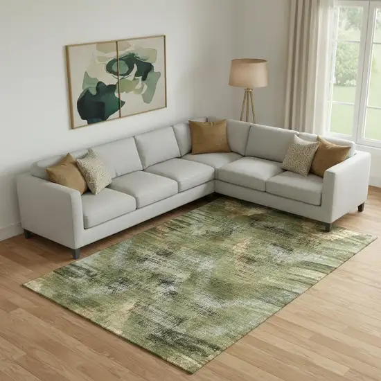 Olive Green Gold And Charcoal Abstract Washable Area Rug With UV Protection Photo 1