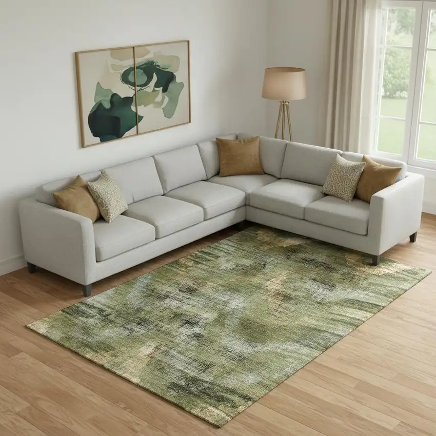 Olive Green Gold And Charcoal Abstract Washable Area Rug With UV Protection Photo 1