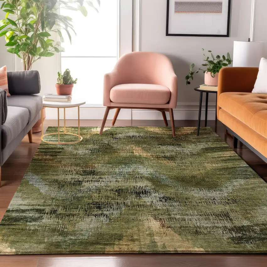 Olive Green Gold And Charcoal Abstract Washable Area Rug With UV Protection Photo 4