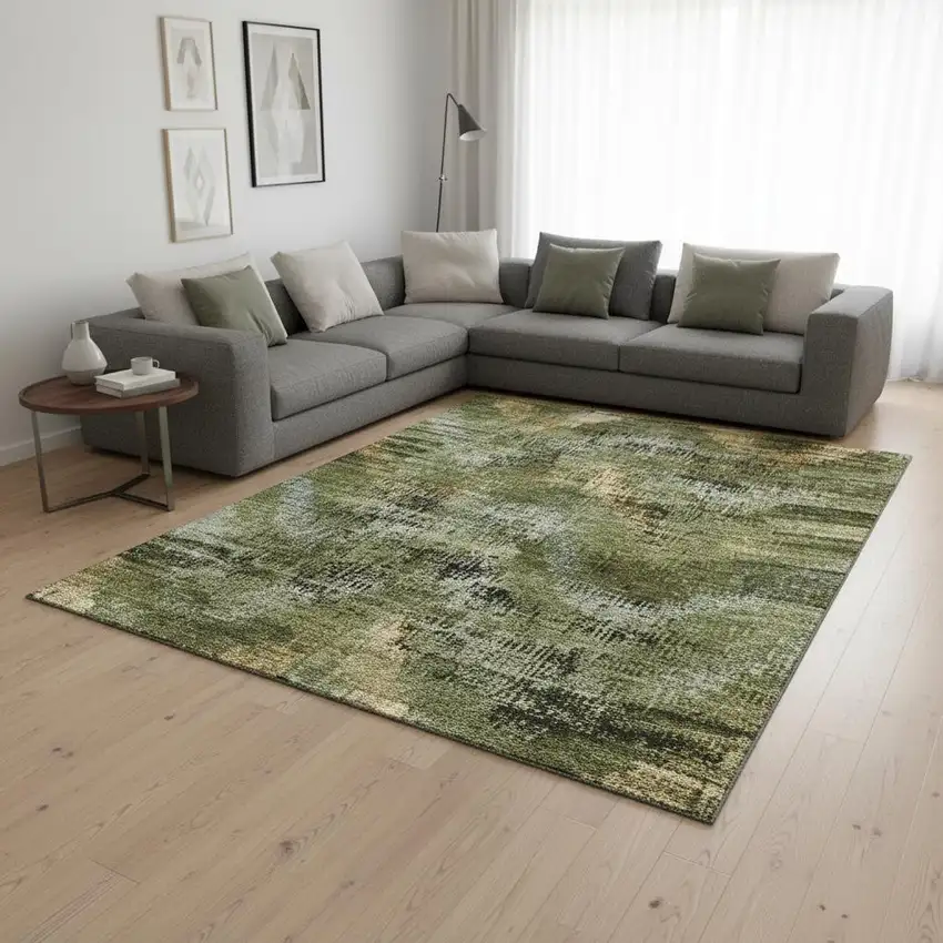 Olive Green Gold And Charcoal Abstract Washable Area Rug With UV Protection Photo 2
