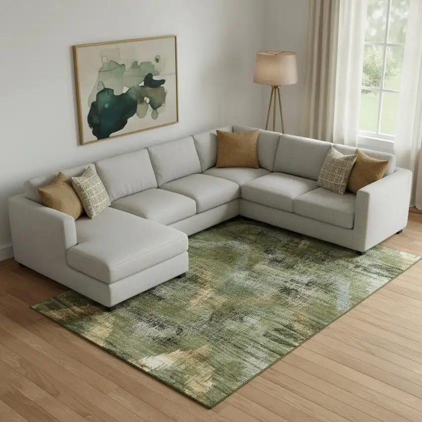 Olive Green Gold And Charcoal Abstract Washable Area Rug With UV Protection Photo 1