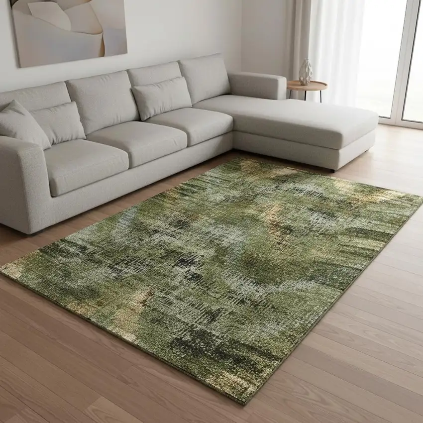 Olive Green Gold And Charcoal Abstract Washable Area Rug With UV Protection Photo 2