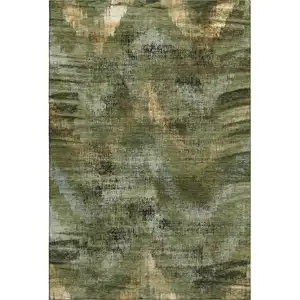 Photo of Olive Green Gold And Charcoal Abstract Washable Area Rug With UV Protection