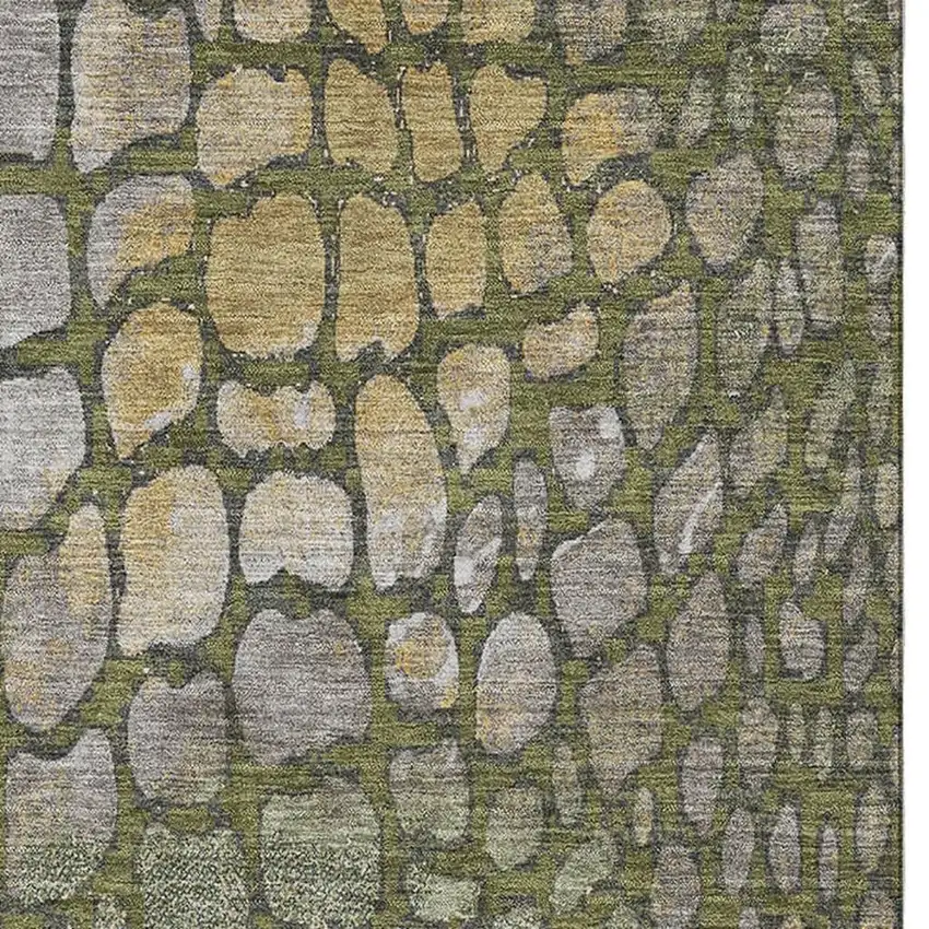 Olive Green Gold And Gray Abstract Geometric Washable Area Rug With UV Protection Photo 2