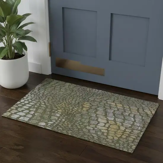 Olive Green Gold And Gray Abstract Geometric Washable Area Rug With UV Protection Photo 1