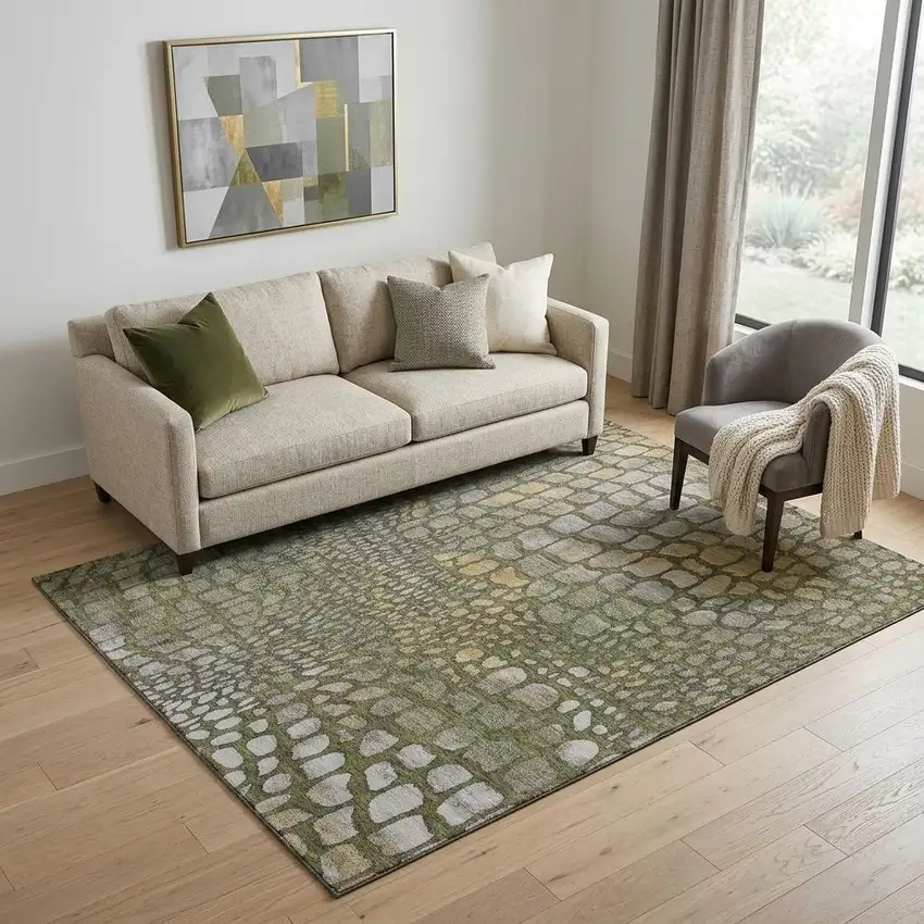 Olive Green Gold And Gray Abstract Geometric Washable Area Rug With UV Protection Photo 1