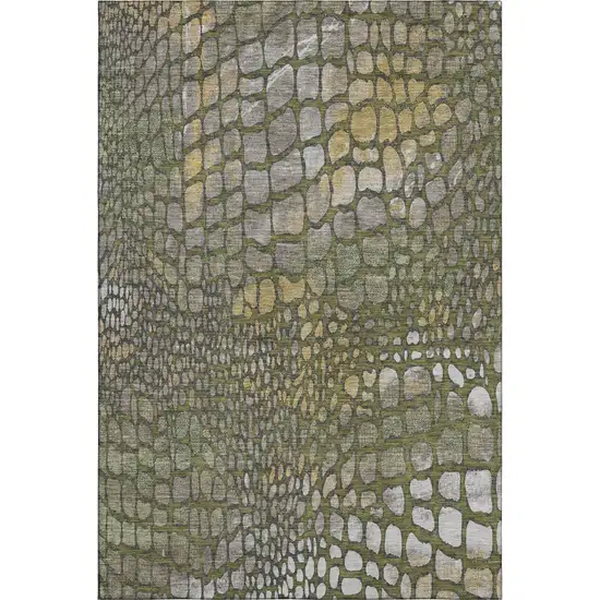 Olive Green Gold And Gray Abstract Geometric Washable Area Rug With UV Protection Photo 1