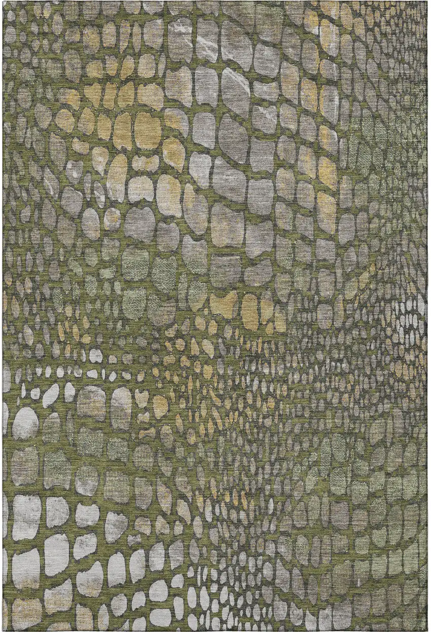Olive Green Gold And Gray Abstract Geometric Washable Area Rug With UV Protection Photo 3