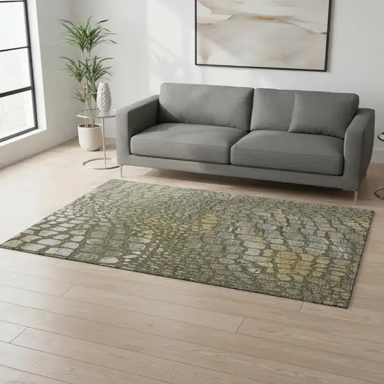 Olive Green Gold And Gray Abstract Geometric Washable Area Rug With UV Protection Photo 2