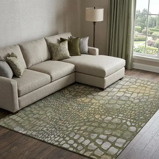Olive Green Gold And Gray Abstract Geometric Washable Area Rug With UV Protection Photo 1