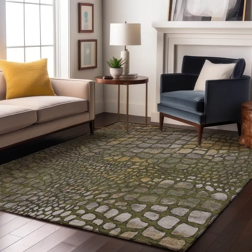Olive Green Gold And Gray Abstract Geometric Washable Area Rug With UV Protection Photo 4