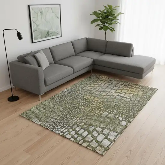 Olive Green Gold And Gray Abstract Geometric Washable Area Rug With UV Protection Photo 2