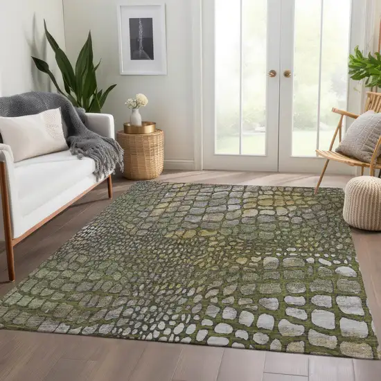 Olive Green Gold And Gray Abstract Geometric Washable Area Rug With UV Protection Photo 5