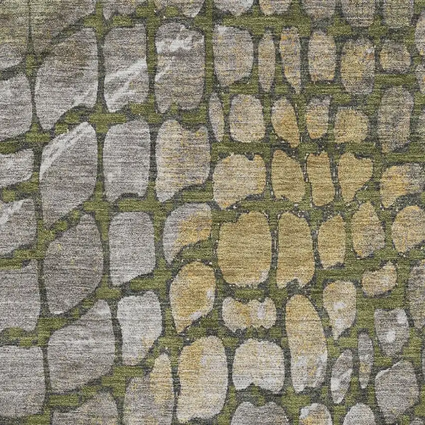 Olive Green Gold And Gray Abstract Geometric Washable Area Rug With UV Protection Photo 2