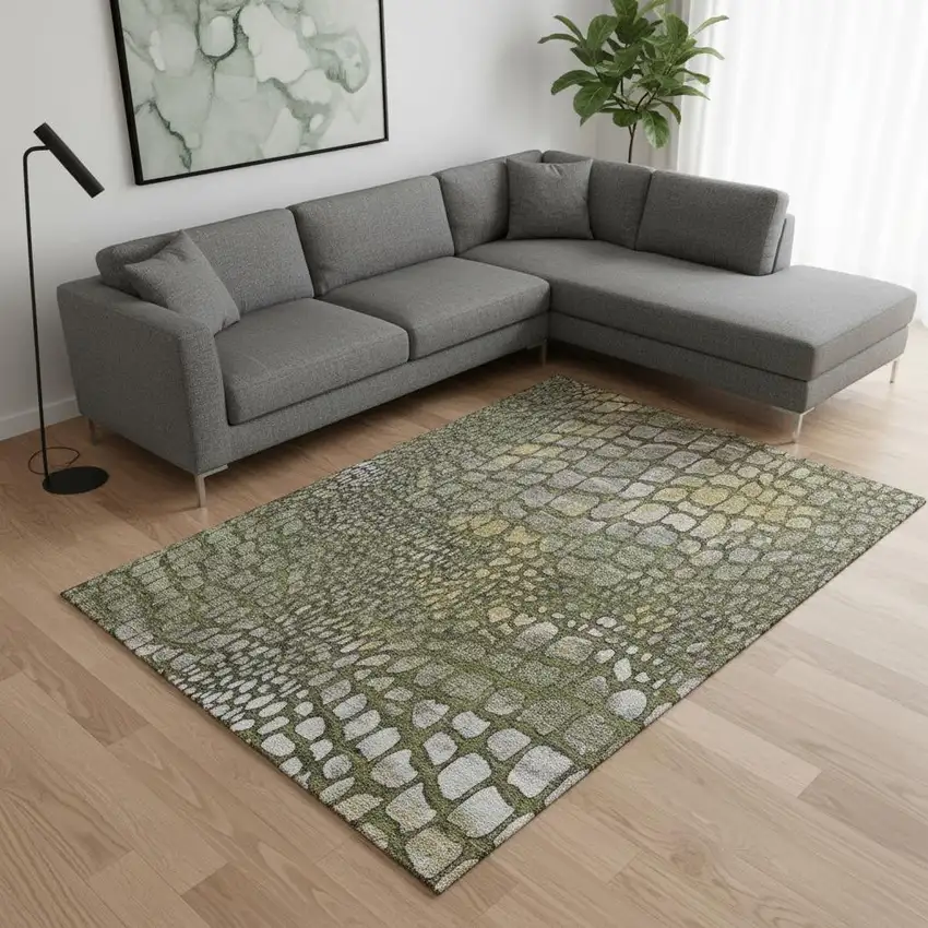 Olive Green Gold And Gray Abstract Geometric Washable Area Rug With UV Protection Photo 2