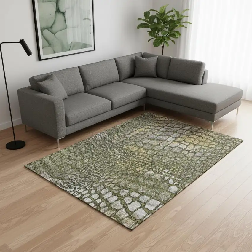 Olive Green Gold And Gray Abstract Geometric Washable Area Rug With UV Protection Photo 2