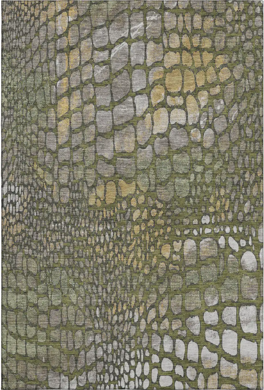Olive Green Gold And Gray Abstract Geometric Washable Area Rug With UV Protection Photo 1