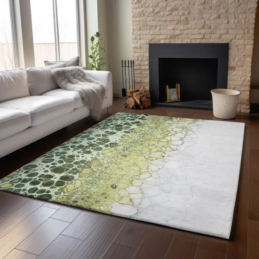 Olive Green Gold And Ivory Abstract Washable Area Rug With UV Protection Photo 5