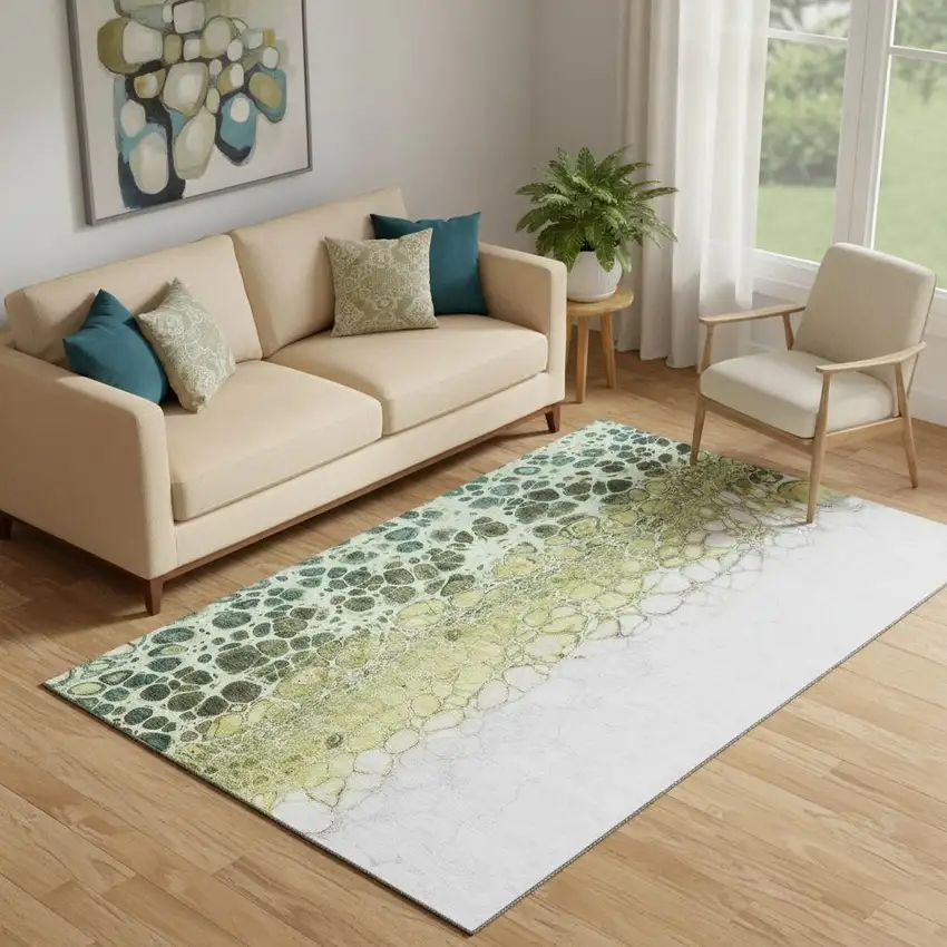 Olive Green Gold And Ivory Abstract Washable Area Rug With UV Protection Photo 1