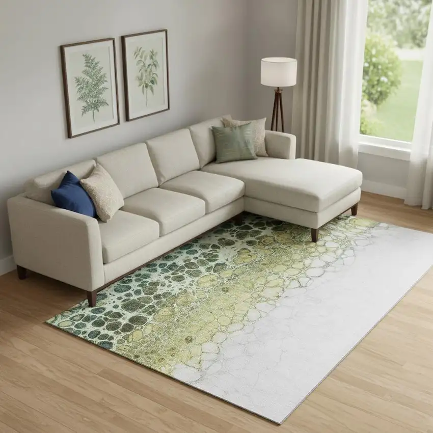 Olive Green Gold And Ivory Abstract Washable Area Rug With UV Protection Photo 1