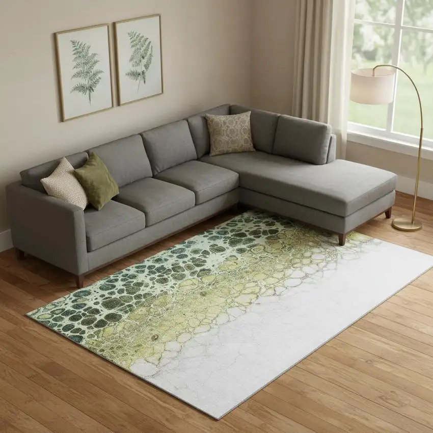 Olive Green Gold And Ivory Abstract Washable Area Rug With UV Protection Photo 1
