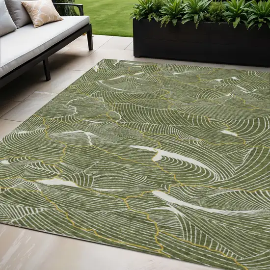 Olive Green Gold And Ivory Abstract Washable Indoor Outdoor Area Rug Photo 1