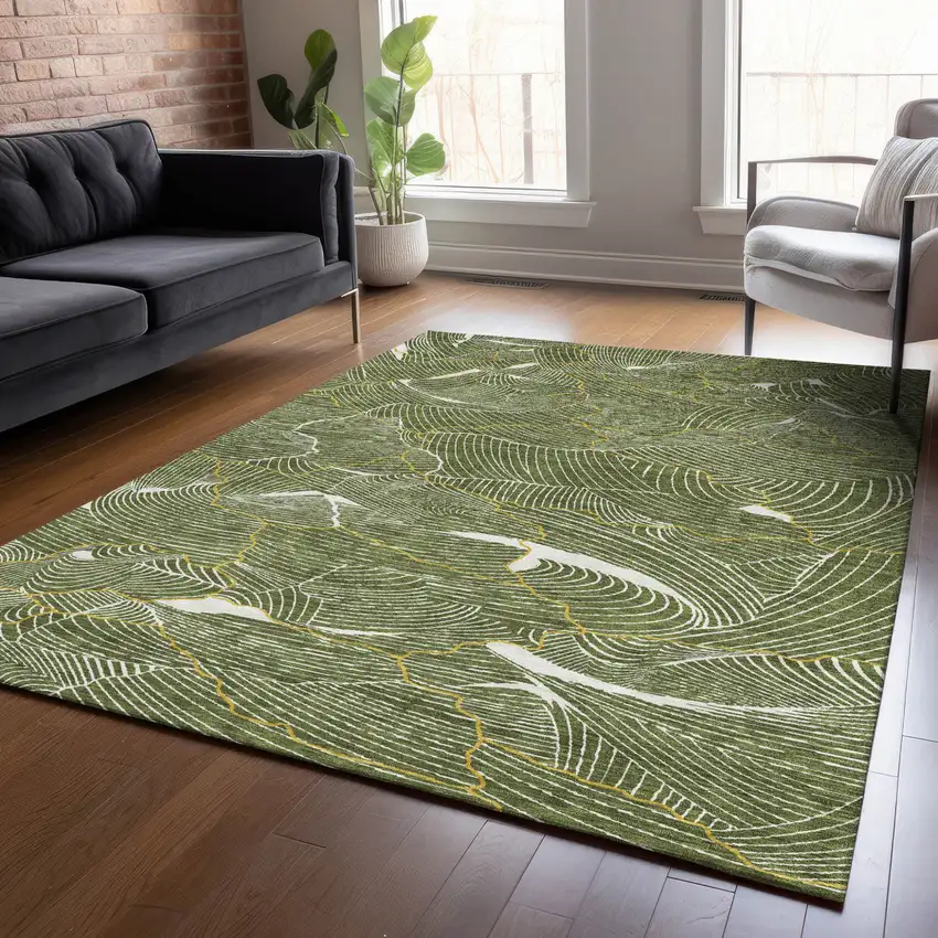 Olive Green Gold And Ivory Abstract Washable Indoor Outdoor Area Rug Photo 9
