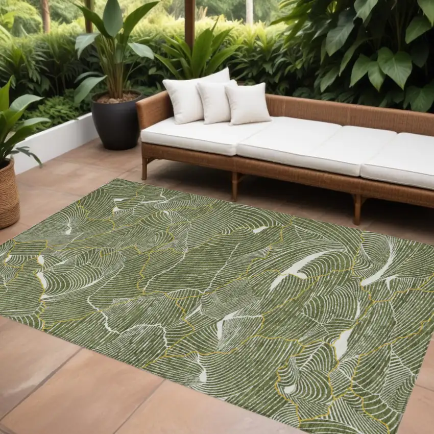 Olive Green Gold And Ivory Abstract Washable Indoor Outdoor Area Rug Photo 1