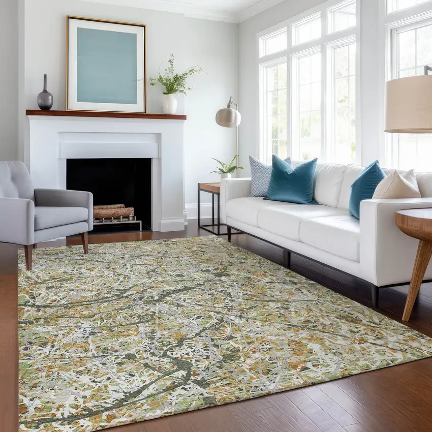 Olive Green Gold And Ivory Abstract Washable Indoor Outdoor Area Rug Photo 5