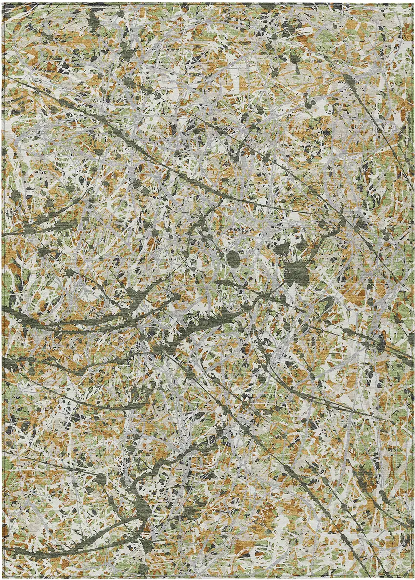 Olive Green Gold And Ivory Abstract Washable Indoor Outdoor Area Rug Photo 8
