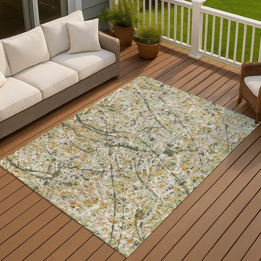 Olive Green Gold And Ivory Abstract Washable Indoor Outdoor Area Rug Photo 2