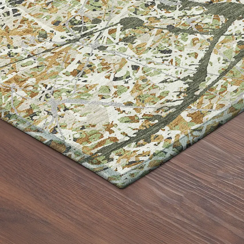Olive Green Gold And Ivory Abstract Washable Indoor Outdoor Area Rug Photo 9