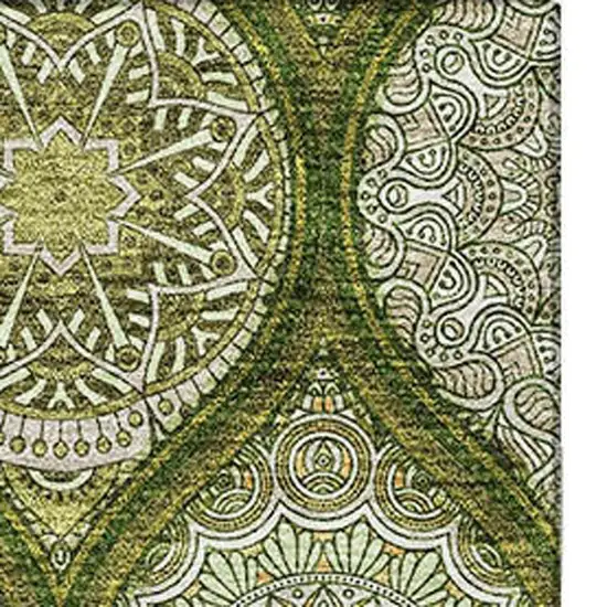 Olive Green Gold And Ivory Ogee Washable Area Rug With UV Protection Photo 4