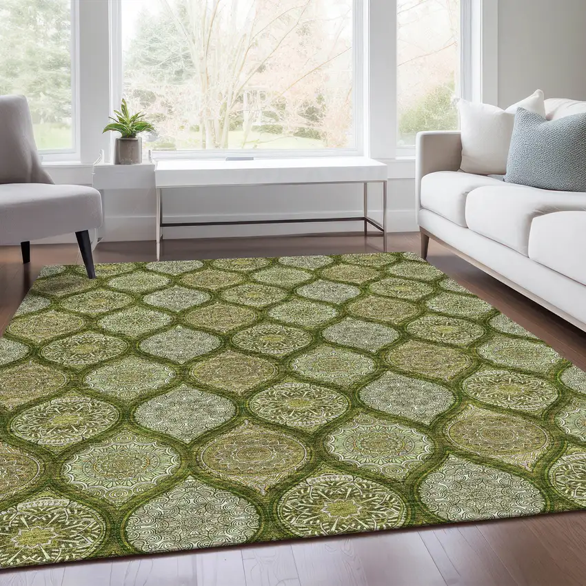 Olive Green Gold And Ivory Ogee Washable Area Rug With UV Protection Photo 5