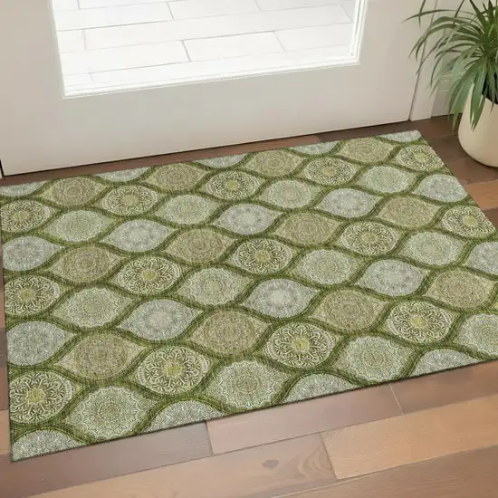 Olive Green Gold And Ivory Ogee Washable Area Rug With UV Protection Photo 1