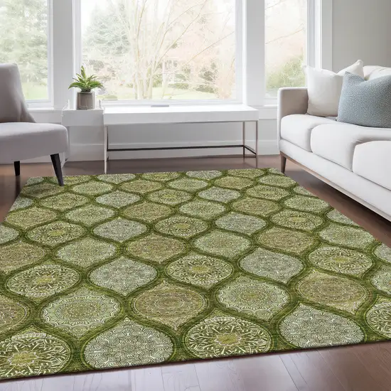 Olive Green Gold And Ivory Ogee Washable Area Rug With UV Protection Photo 5