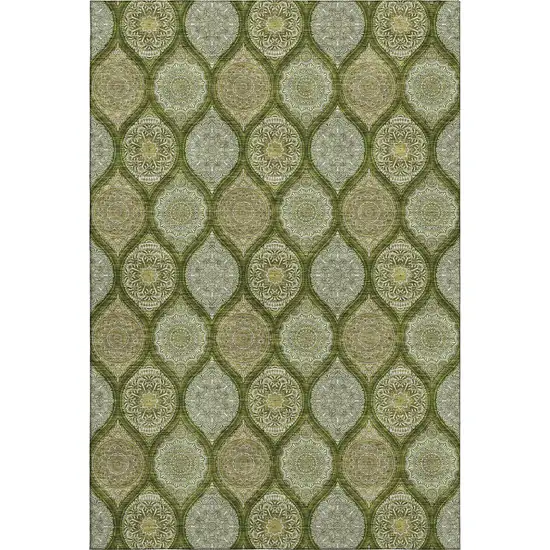 Olive Green Gold And Ivory Ogee Washable Area Rug With UV Protection Photo 6