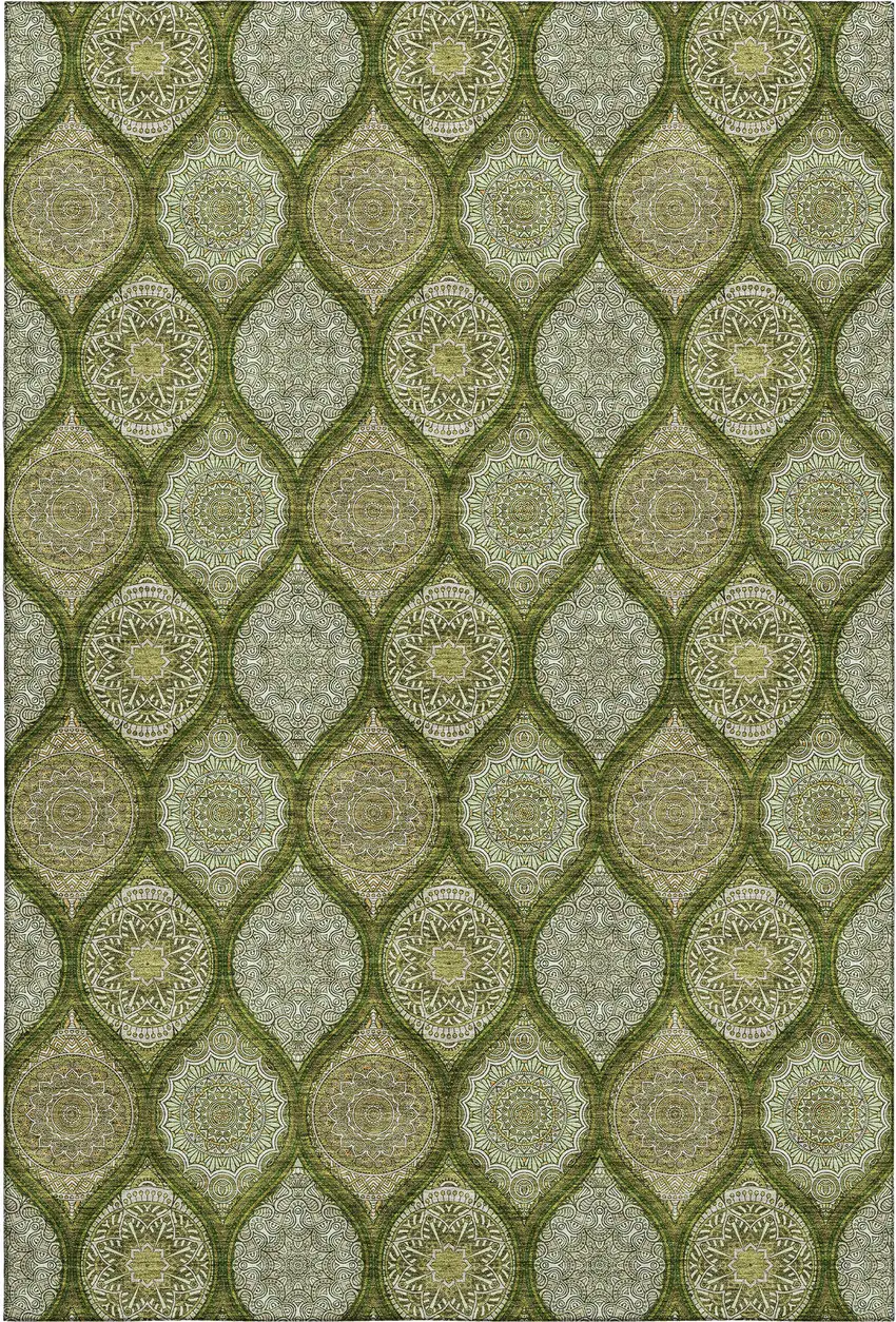 Olive Green Gold And Ivory Ogee Washable Area Rug With UV Protection Photo 6