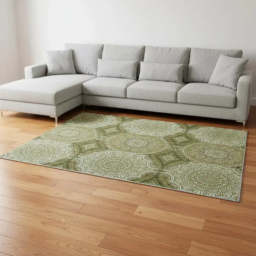 Olive Green Gold And Ivory Ogee Washable Area Rug With UV Protection Photo 2