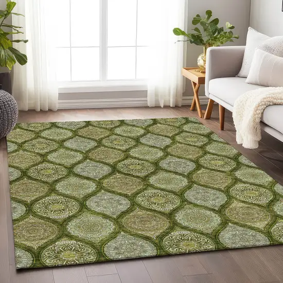 Olive Green Gold And Ivory Ogee Washable Area Rug With UV Protection Photo 4