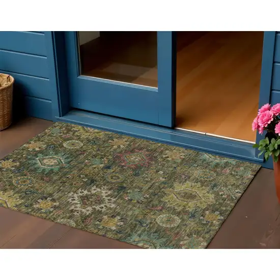 Olive Green Gold And Teal Blue Medallion Washable Indoor Outdoor Area Rug Photo 2