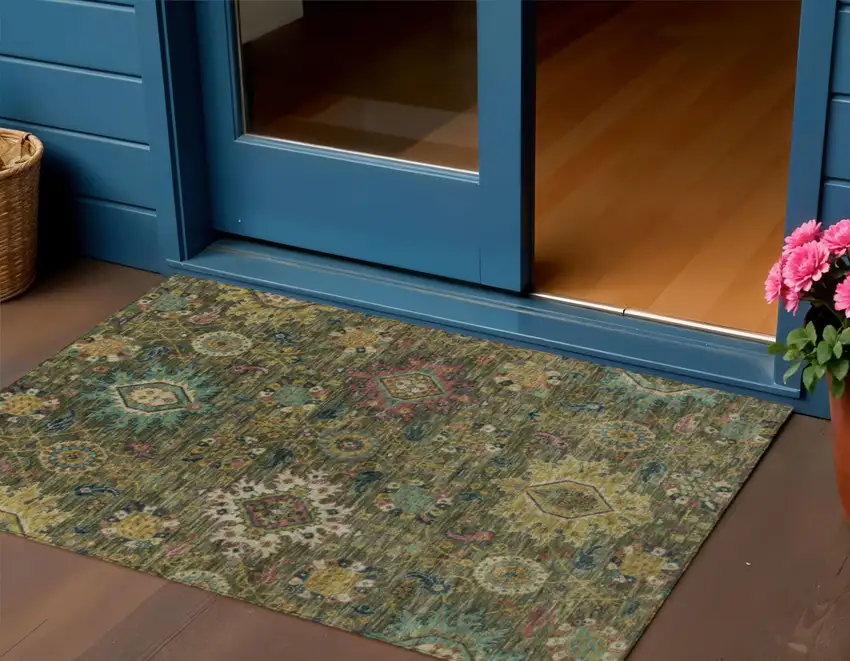 Olive Green Gold And Teal Blue Medallion Washable Indoor Outdoor Area Rug Photo 2