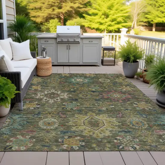 Olive Green Gold And Teal Blue Medallion Washable Indoor Outdoor Area Rug Photo 8