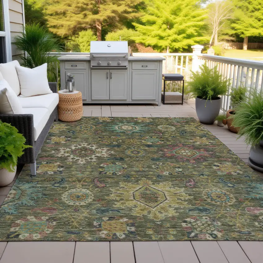 Olive Green Gold And Teal Blue Medallion Washable Indoor Outdoor Area Rug Photo 8